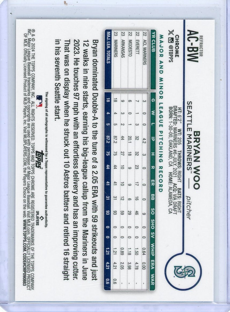 Bryan Woo 2024 Topps Chrome Rookie Autograph Refractor 