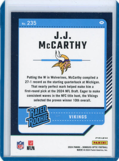 J.J. McCarthy 2024 Panini Donruss Optic Blue Hyper Rated Rookie