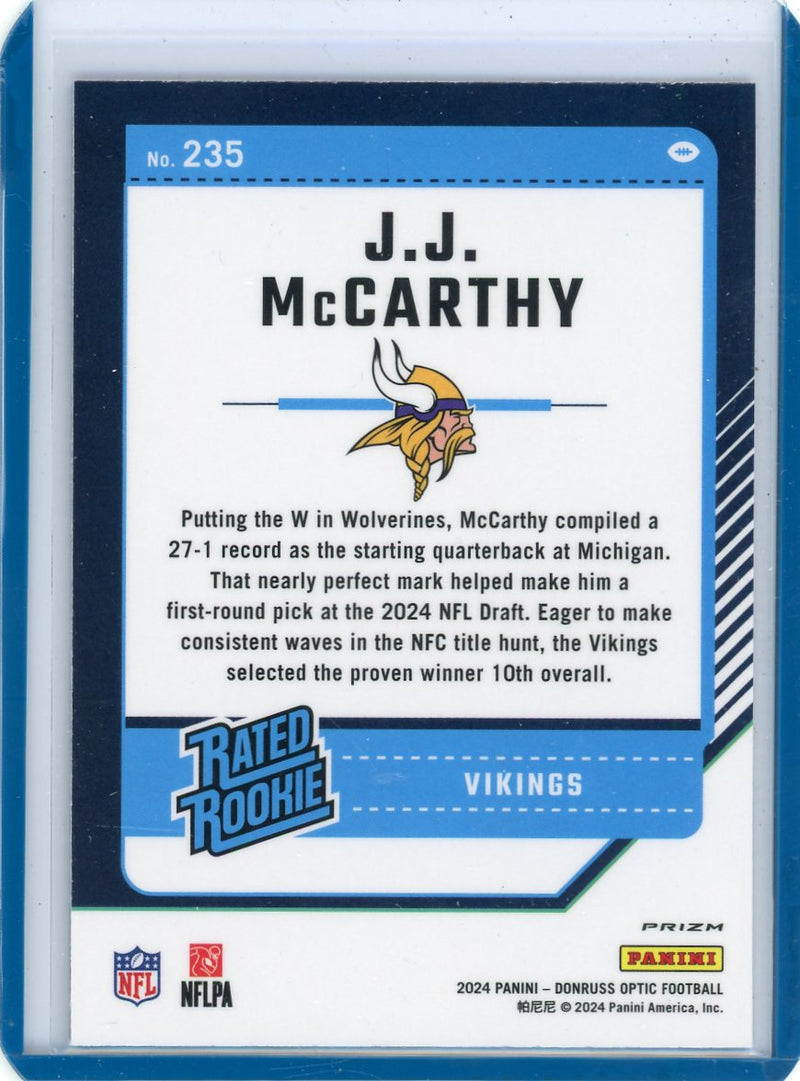 J.J. McCarthy 2024 Panini Donruss Optic Blue Hyper Rated Rookie