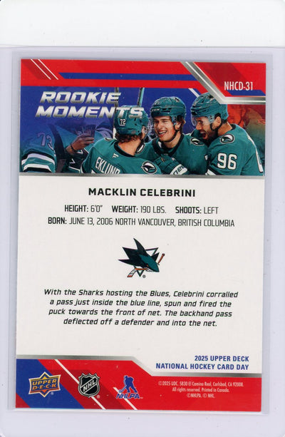 Macklin Celebrini 2024-25 Upper Deck National Hockey Card Day Rookie Moments