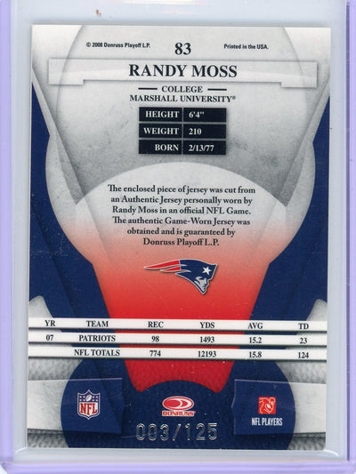 Randy Moss 2008 Donruss Playoff LP Certified Materials red relic #'d 003/125