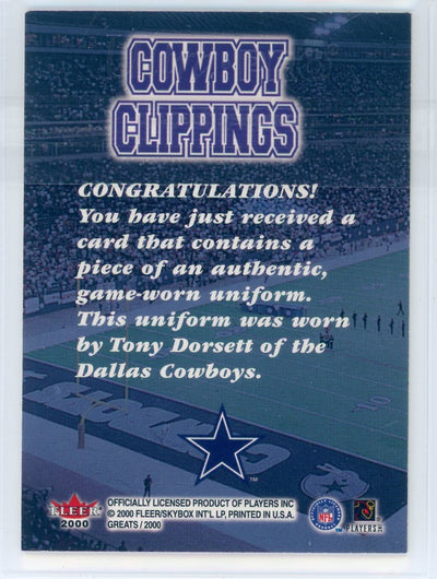 Tony Dorsett 2000 Fleer SkyBx Cowboy Clippings auth. game-worn relic