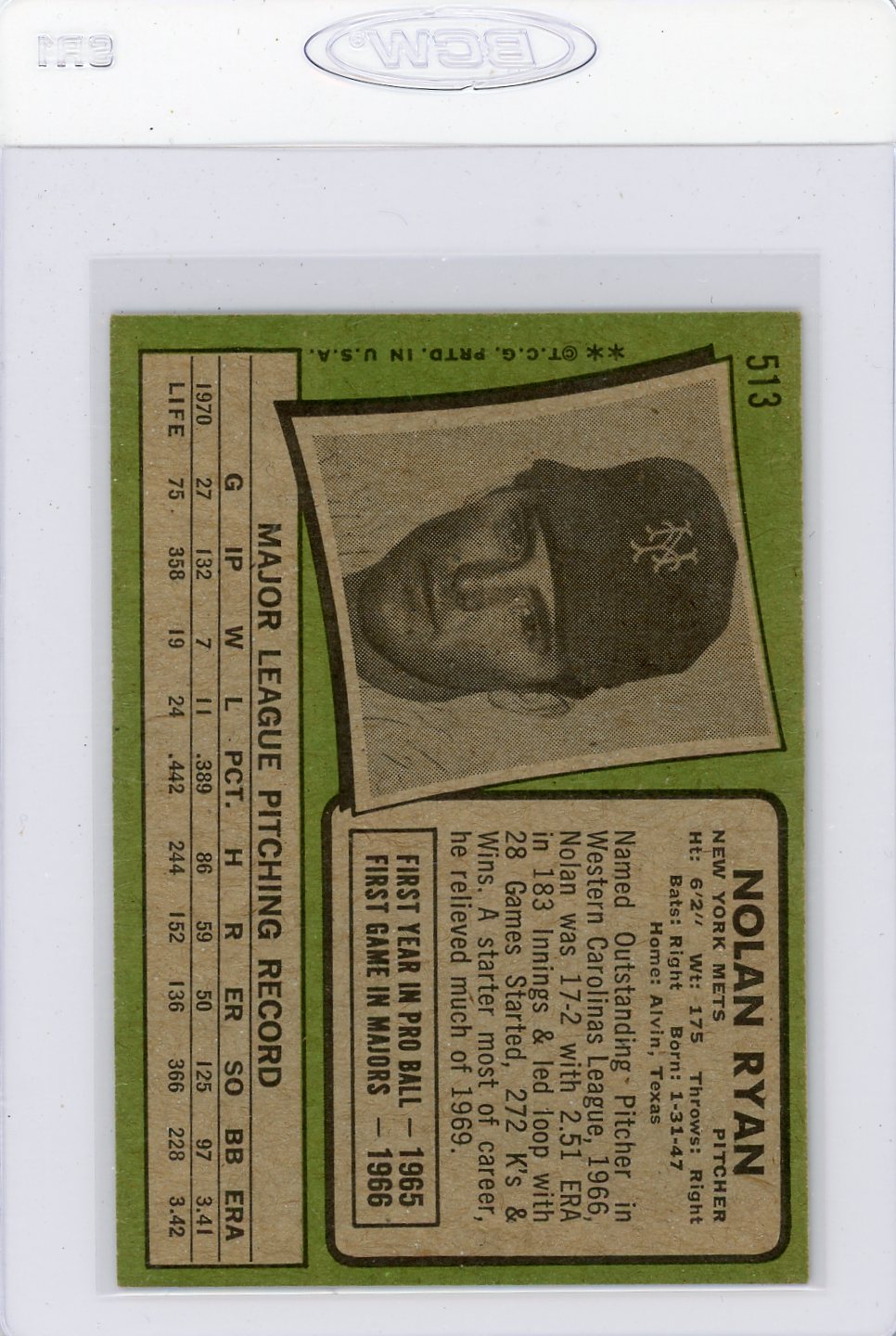 Nolan Ryan 1971 Topps #513 EX-EXMINT (Minimum Size)