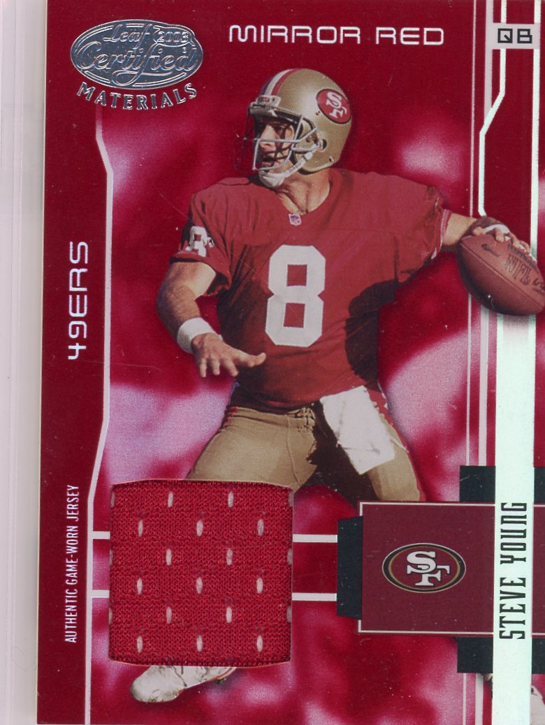 Steve Young 2003 Donruss Leaf Certified Materials Mirror Red auth. game-worn relic #'d 065/150