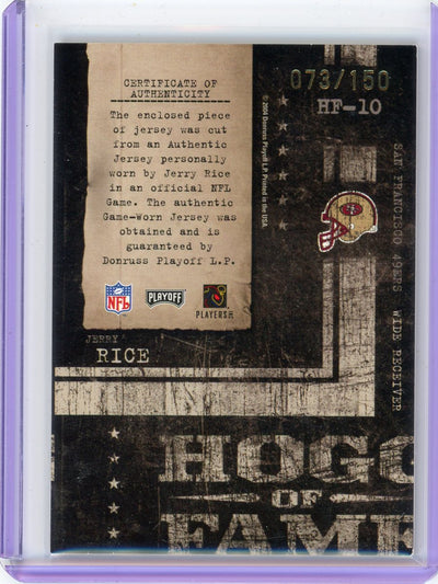 Jerry Rice 2004 Donruss Playoff Hogg Heaven auth. game-used jersey relic #'d 073/150