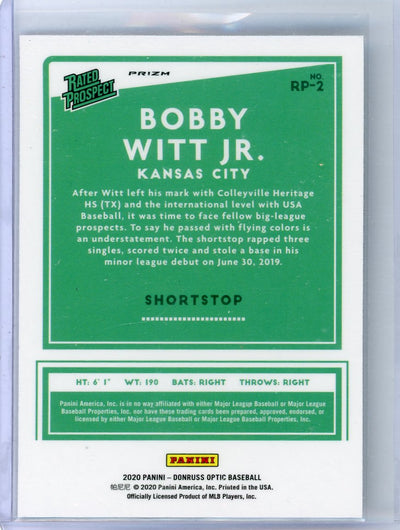 Bobby Witt Jr. 2020 Panini Donruss Optic silver holo rated rookie/prospect