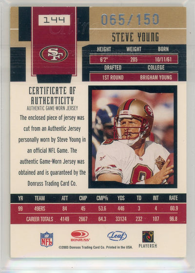 Steve Young 2003 Donruss Leaf Certified Materials Mirror Red auth. game-worn relic #'d 065/150