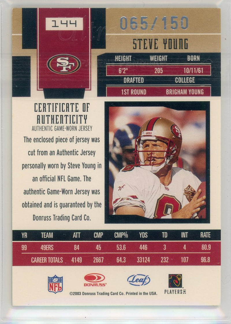 Steve Young 2003 Donruss Leaf Certified Materials Mirror Red auth. game-worn relic 