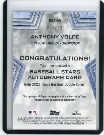 Anthony Volpe 2023 Topps Update Baseball Stars autograph rookie card black #'d 063/199