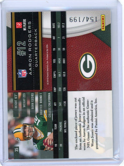 Aaron Rodgers 2010 Panini Limited auth. game-used jersey relic #'d 154/199