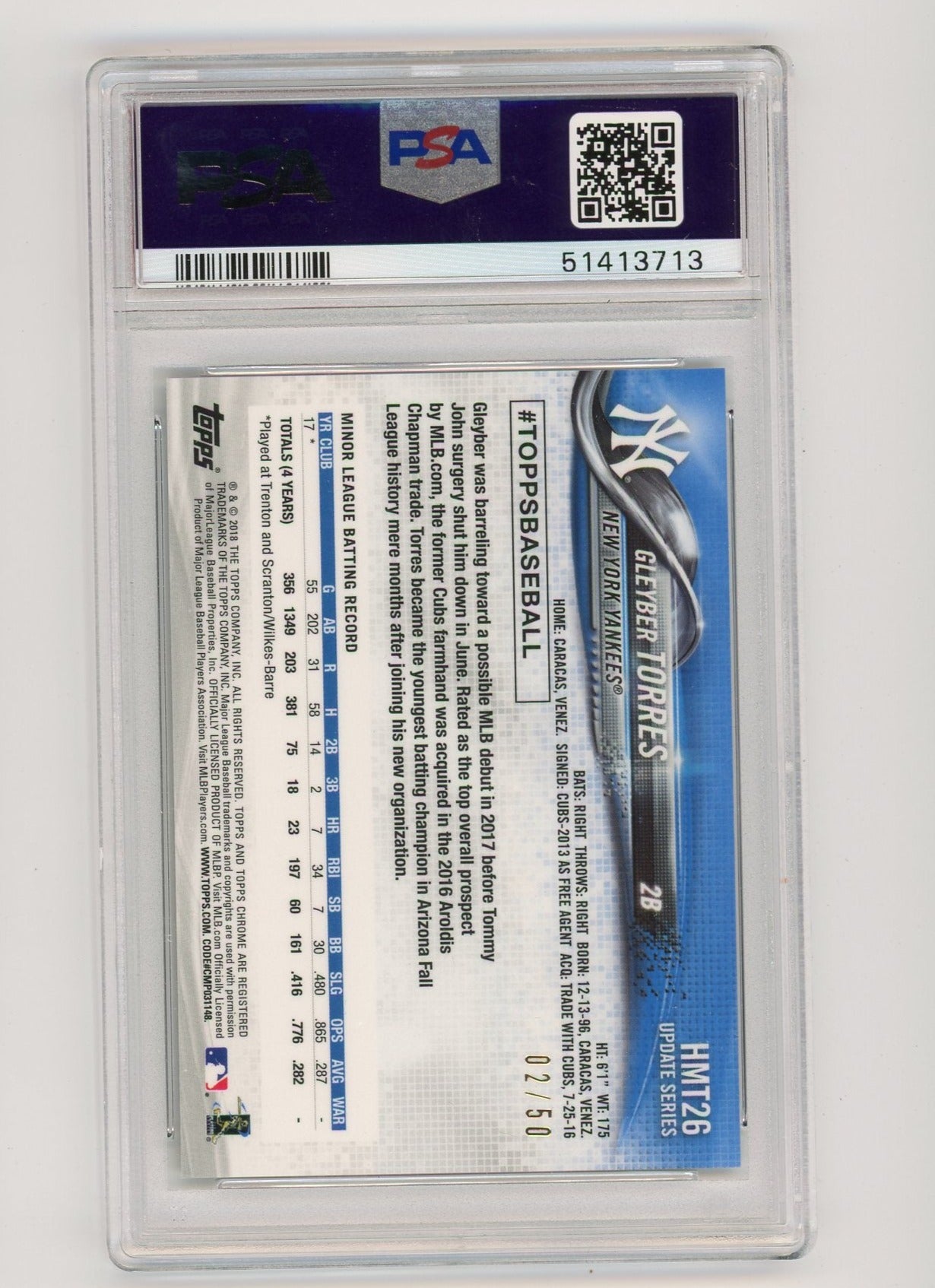 Gleyber Torres 2018 Topps Chrome Update Gold ref. rookie card #'d 02/50 PSA 9