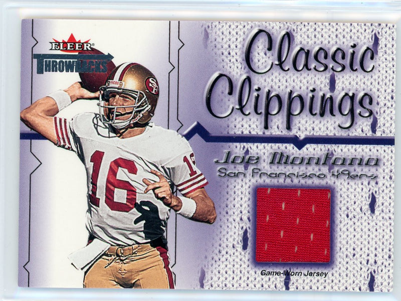 Joe Montana 2002 Fleer Throwbacks Classic Clippings game-worn relic