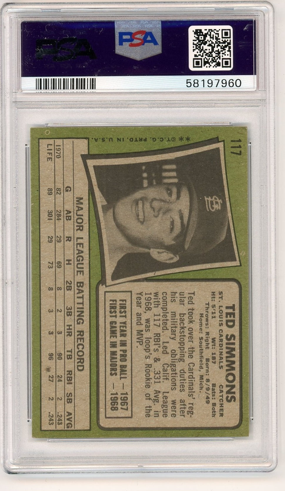 Ted Simmons 1971 Topps #117 PSA 4