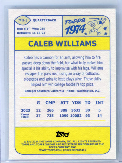 Caleb Williams 2024 Topps Chrome '74 Throwback X-Fractor rookie card