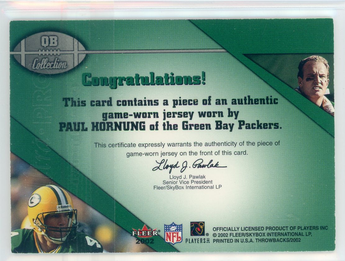 Brett Favre/Paul Hornung 2002 Fleer Throwbacks Dream Backfield QB Collection game-worn relic
