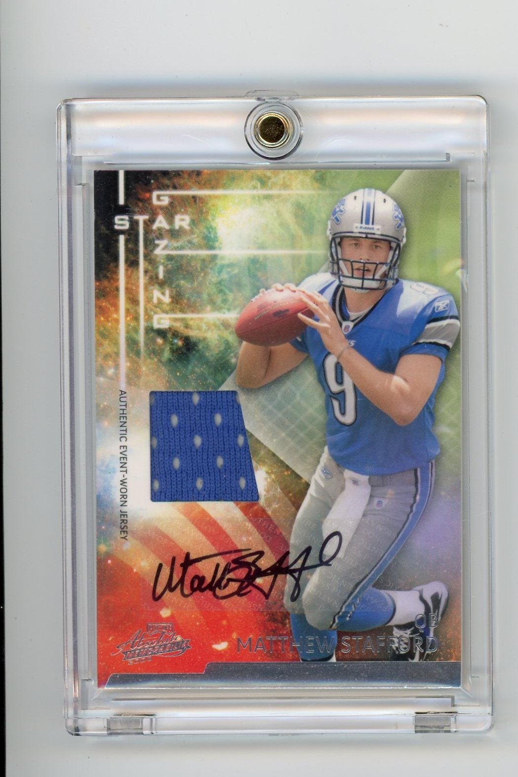Matthew Stafford 2009 Panini Absolute Playoff Star Gazing auth. game-used jersey relic autograph #'d 22/25
