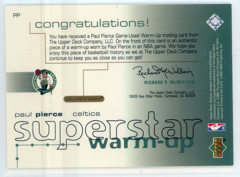 Paul Pierce 2001 Upper Deck Superstar Warm-Up auth. warm-up relic