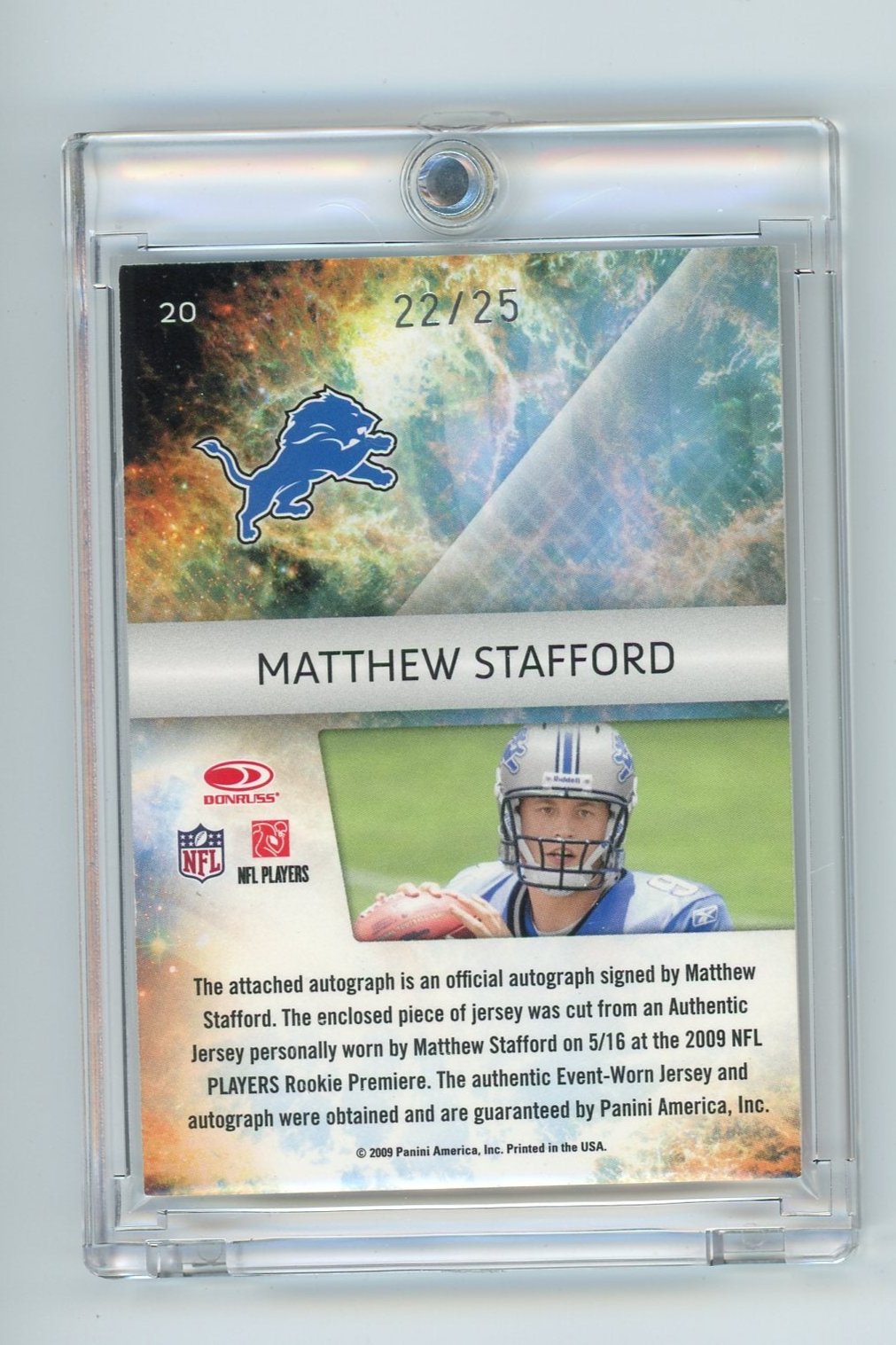 Matthew Stafford 2009 Panini Absolute Playoff Star Gazing auth. game-used jersey relic autograph #'d 22/25