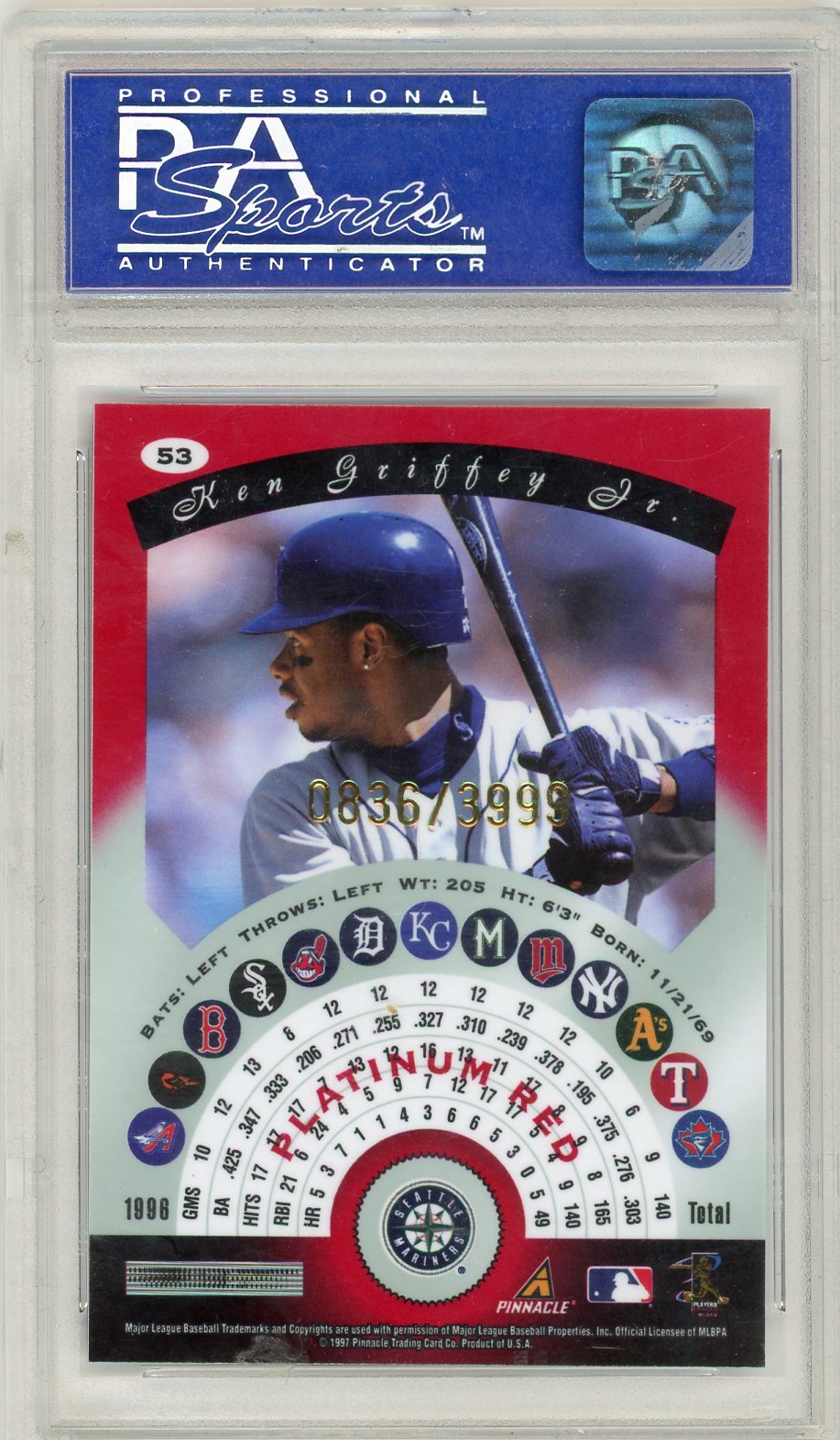 Ken Griffey Jr. 1997 Pinnacle Totally Certified Platinum Red #'d 0836/3999 PSA 10
