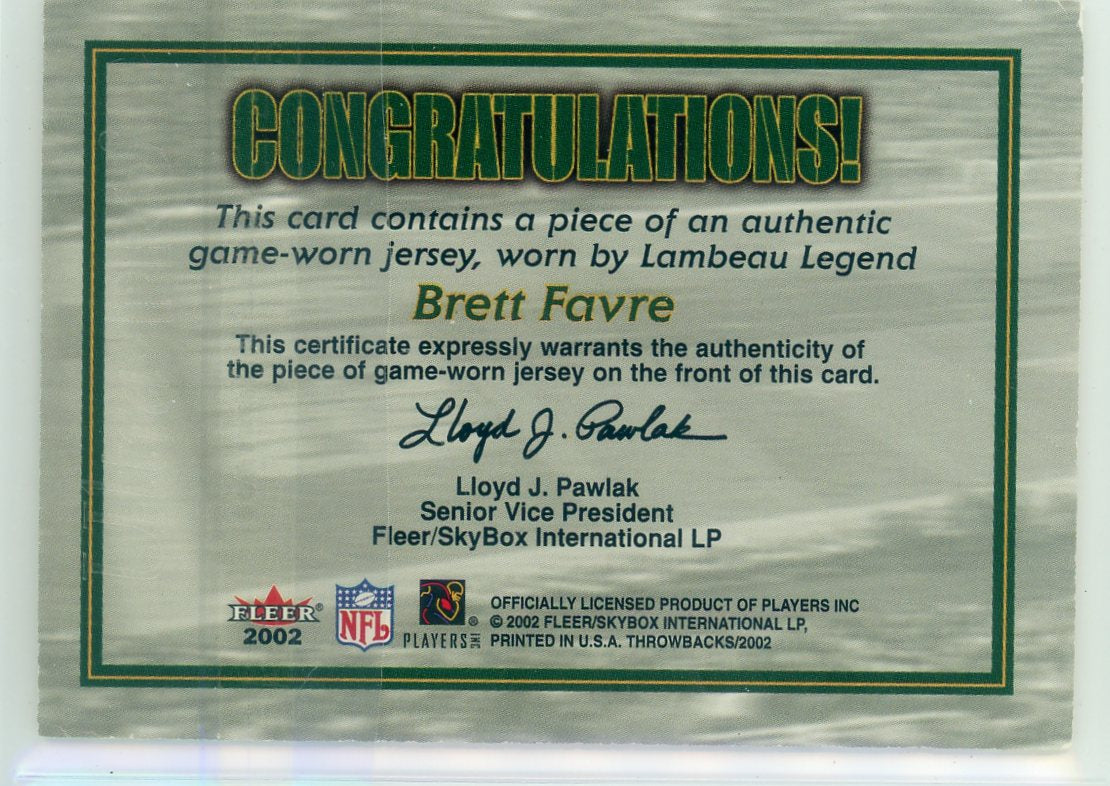 Brett Favre 2002 Fleer Throwbacks Lambeau Legends game-worn jersey relic