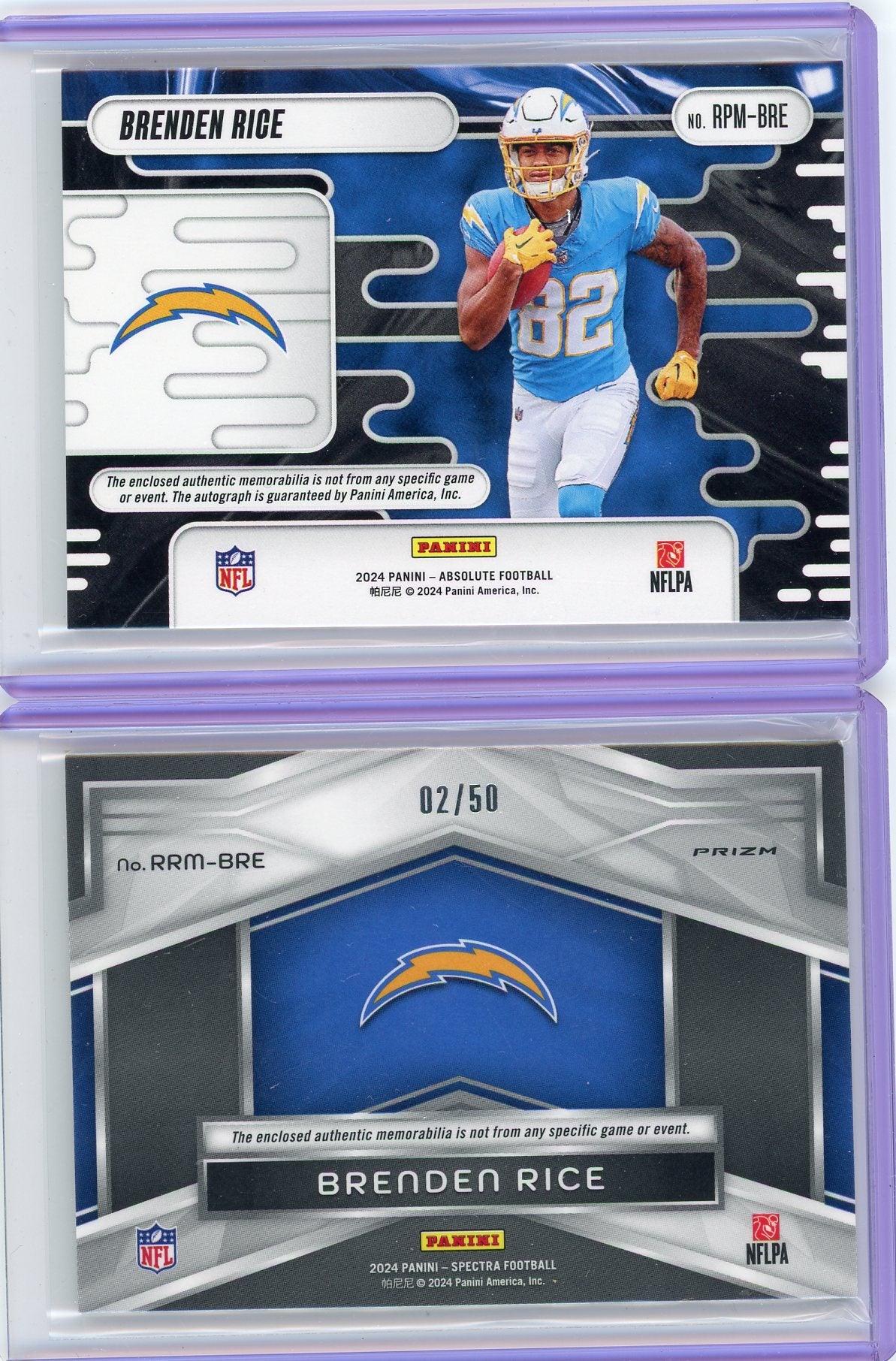 Brenden Rice 2024 Panini 2-card auto/relic rc lot /99 + /50