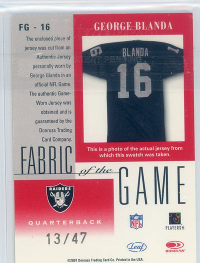 George Blanda 2001 Donruss Leaf Certified Legendary Material Fabric of the Game relic #'d 13/47