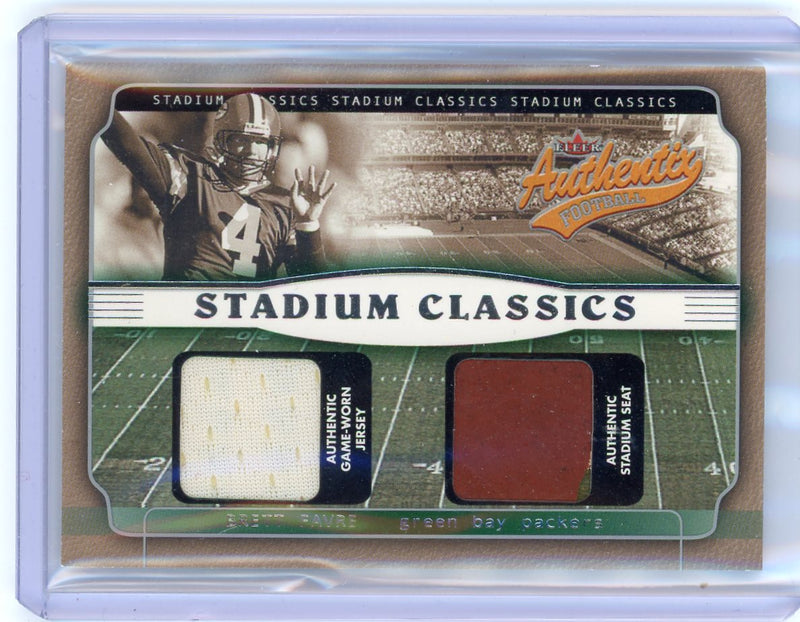 Brett Favre 2002 Fleer Authentix Stadium Classics auth. game-worn jersey + stadium seat relic