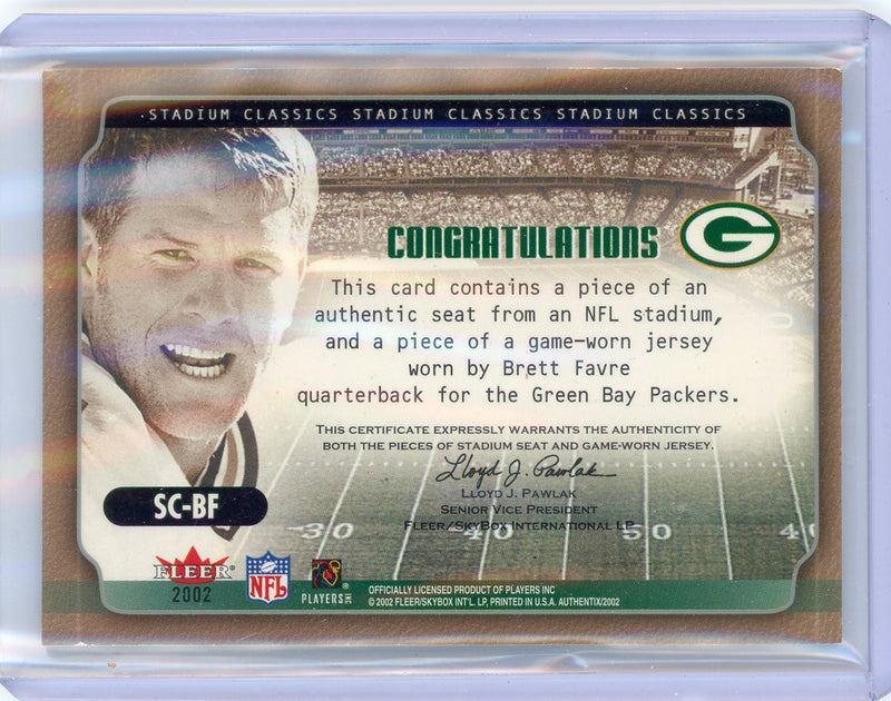 Brett Favre 2002 Fleer Authentix Stadium Classics auth. game-worn jersey + stadium seat relic