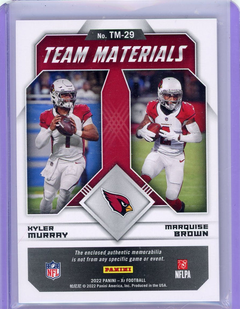 Kyler Murray Marquise Brown 2022 Panini XR Team Materials dual relic 