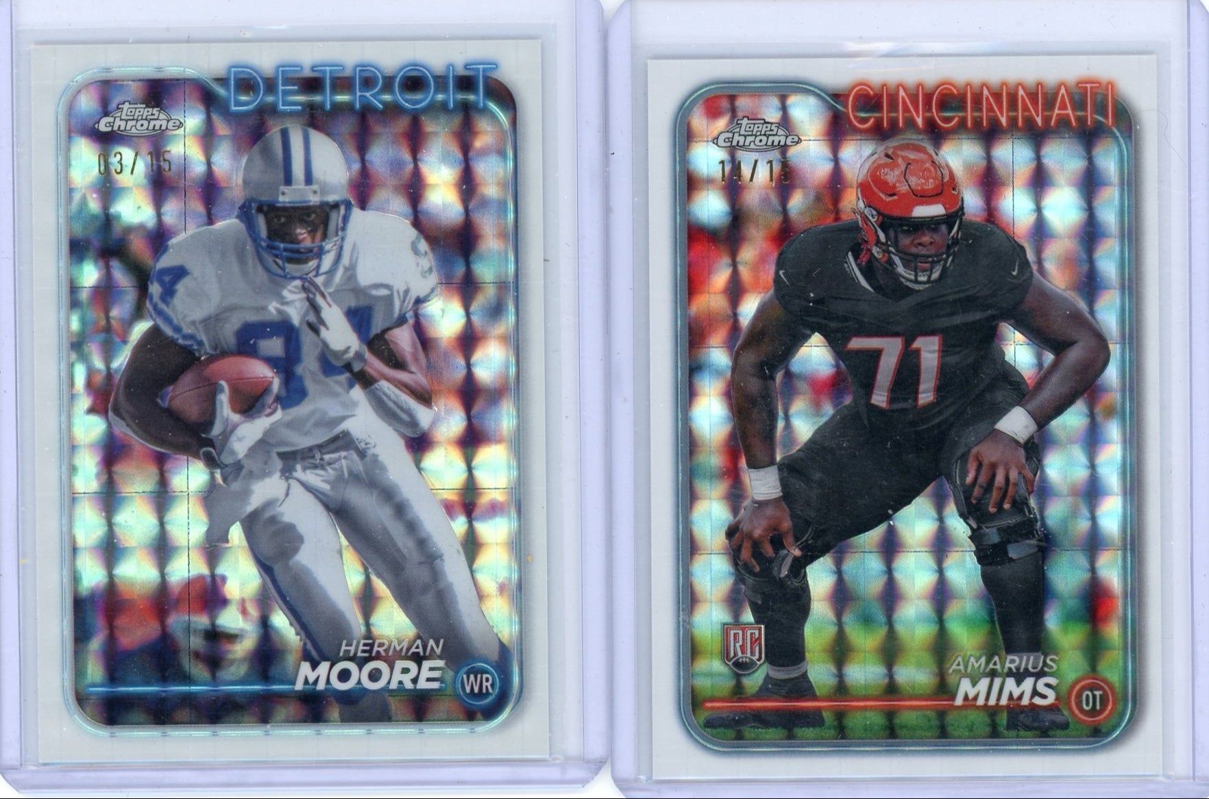 Amarius Mims Herman Moore 2024 Topps Chrome White Geometric ref. 2-card lot #'d /15