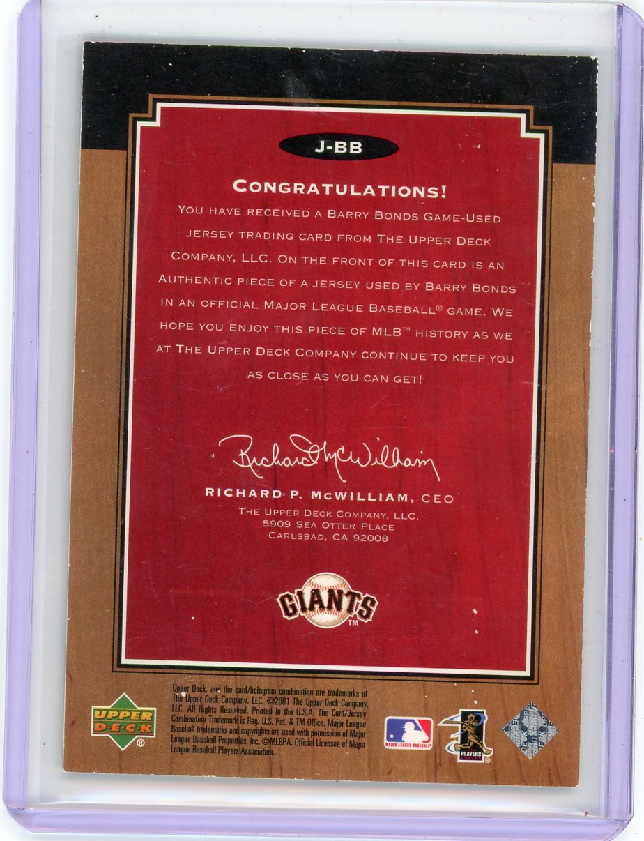 Barry Bonds 2001 Upper Deck Legends Legendary Game Jerseys #J-BB
