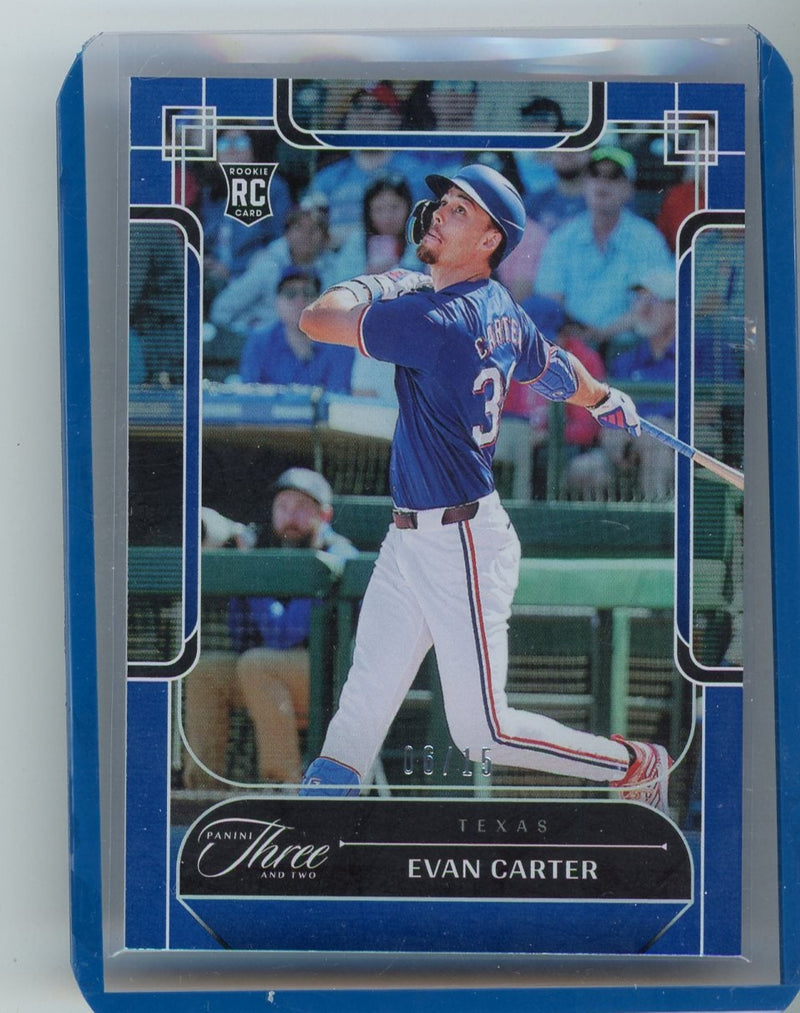 Evan Carter 2024 Panini Three & Two rookie card blue holo 