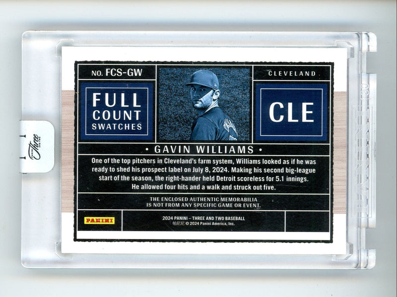 Gavin Williams 2024 Panini Three & Two Full Count Swatches relic 