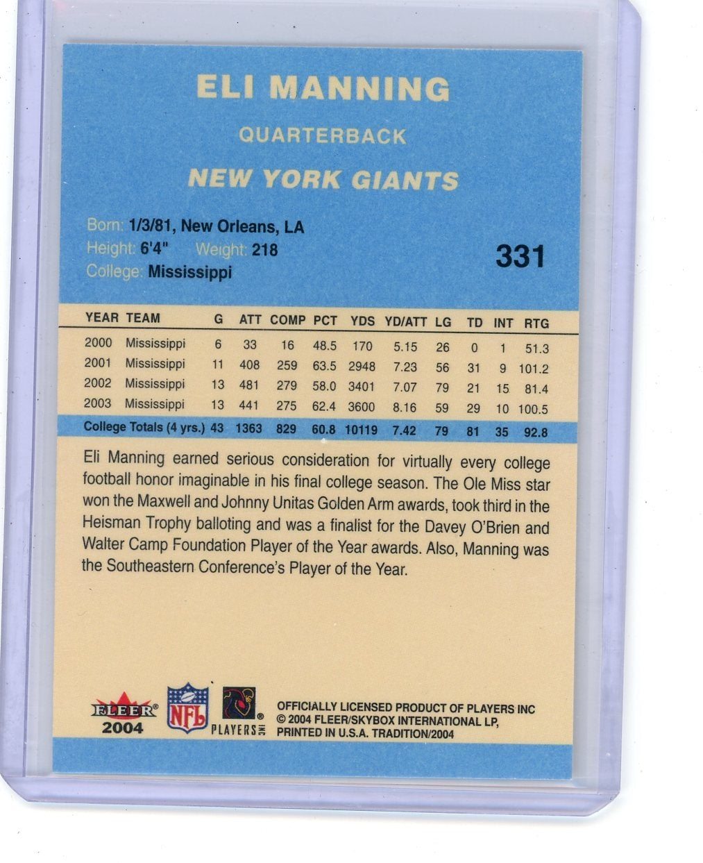 Eli Manning 2004 Fleer Tradition 2-card rookie lot blue + red border