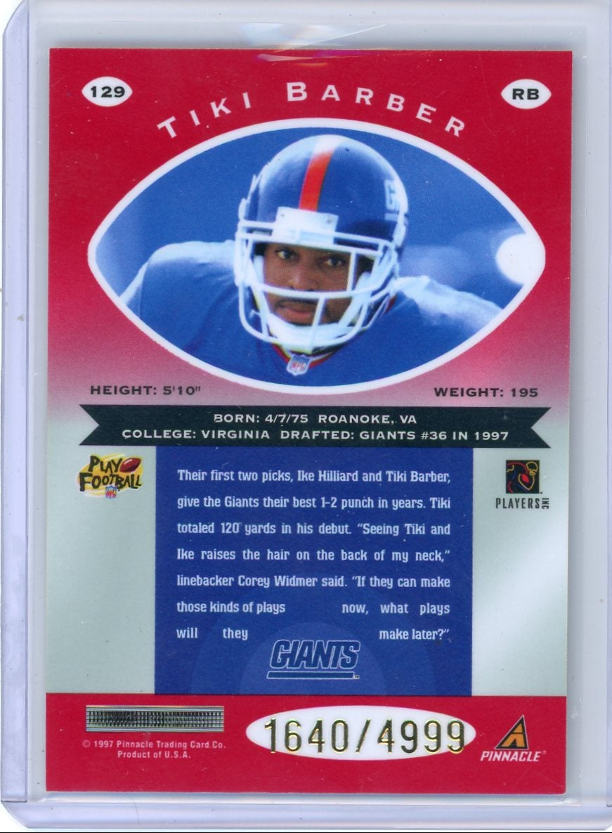 Tiki Barber 1997 Pinnacle Platinum Red #'d 1640/4999