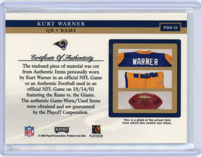 Kurt Warner 2002 Playoff Piece of the Game auth. game-used jersey relic