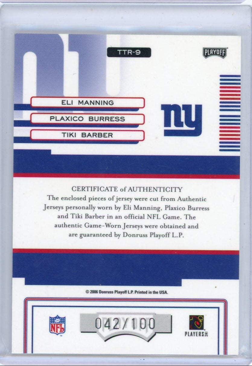 E Manning P Burress T Barber 2006 Donruss Absolute Team Trios triple relic #'d 042/100