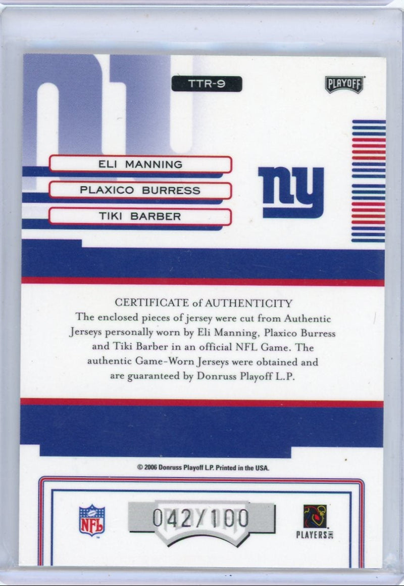 E Manning P Burress T Barber 2006 Donruss Absolute Team Trios triple relic 