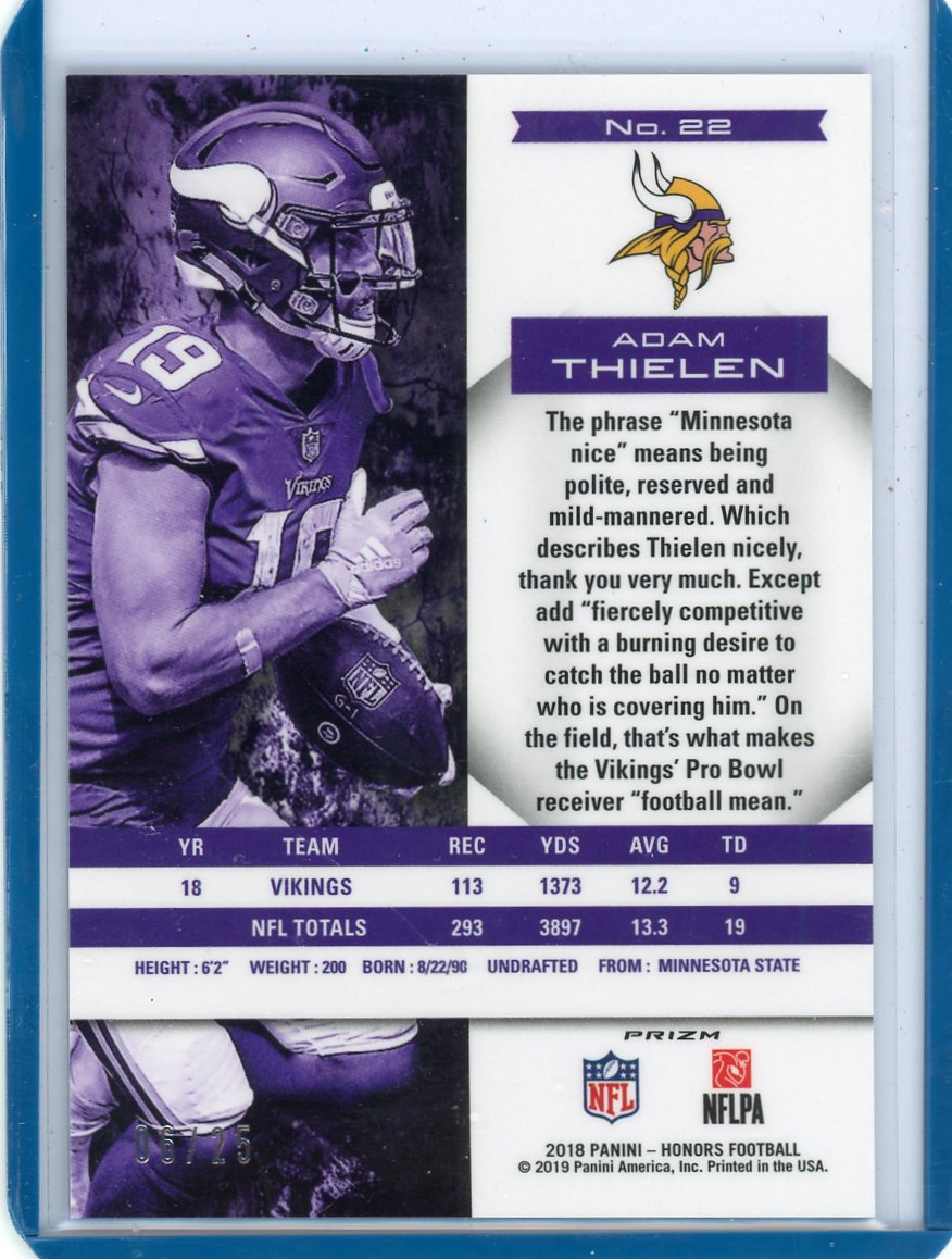 Adam Thielen 2018 Panini Honors blue prizm #'d 06/25