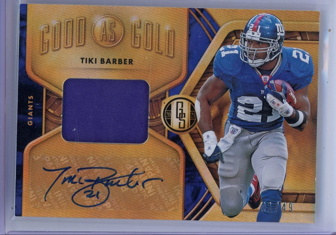 Tiki Barber 2021 Panini Gold Standard Good as Gold autograph relic #'d 01/49