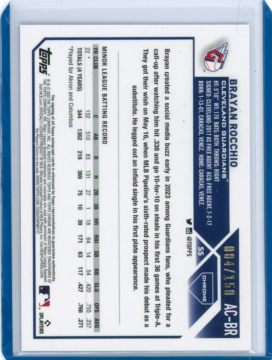 Brayan Rocchio 2023 Topps Chrome autograph rookie card blue ref. #'d 084/150