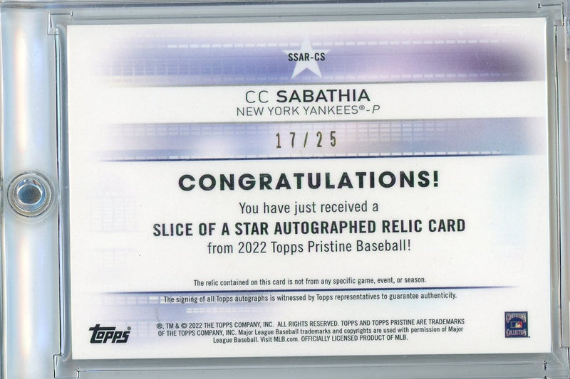 CC Sabathia 2022 Topps Pristine Slice Of A Star Patch Autograph Orange 