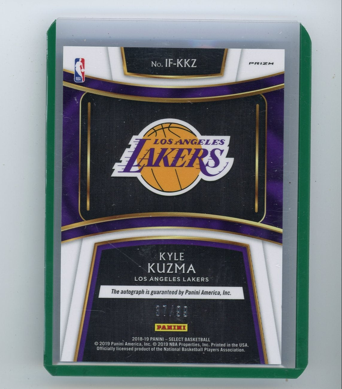 Kyle Kuzma 2018-19 Panini Select In Flight Signatures neon green prizm auto #'d 37/99
