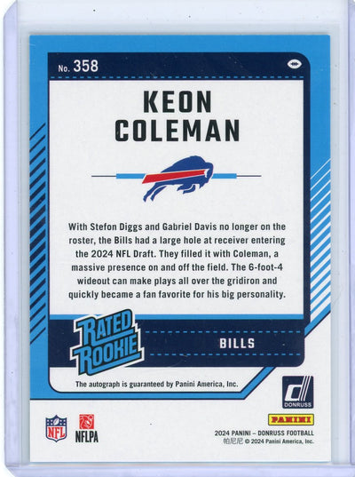 Keon Coleman 2024 Panini Donruss Press Proof Green Rated Rookie Autograph