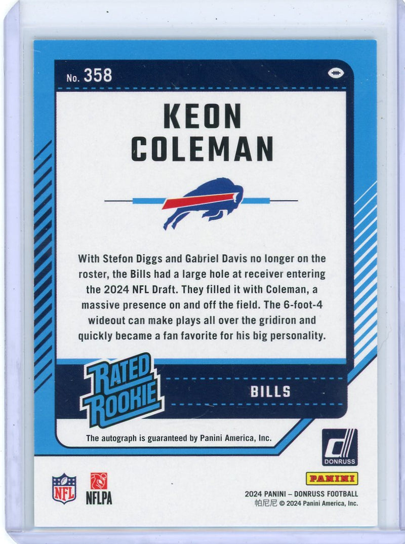 Keon Coleman 2024 Panini Donruss Press Proof Green Rated Rookie Autograph