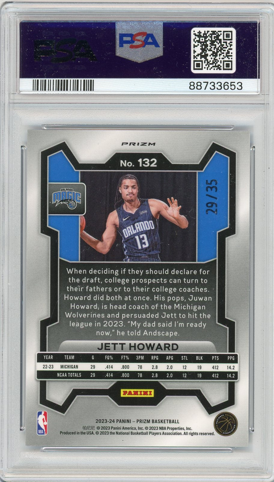 Jett Howard 2023 Panini Prizm FOTL blue shimmer prizm rookie card #'d 29/35 PSA 10
