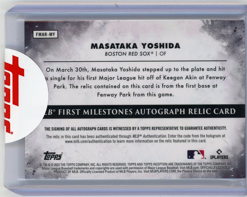 Masataka Yoshida 2023 Topps Inception First Milestones 1st Career Hit base relic autograph 