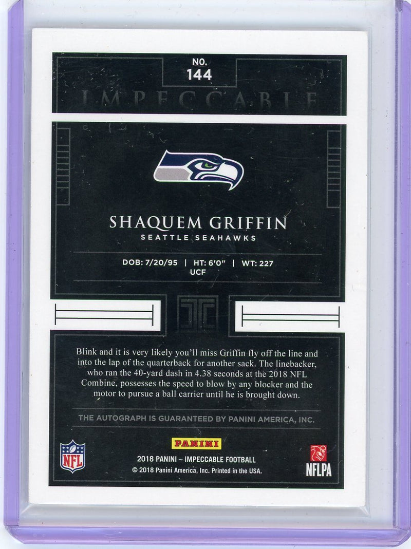 Shaquem Griffin 2018 Panini Impeccable autograph rookie card 