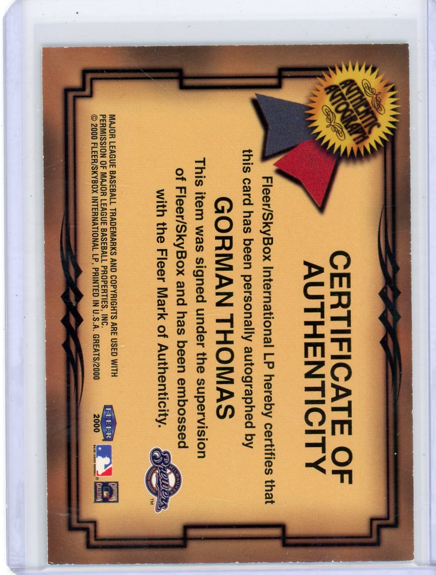 Gorman Thomas 2000 Fleer Greats of the Game autograph