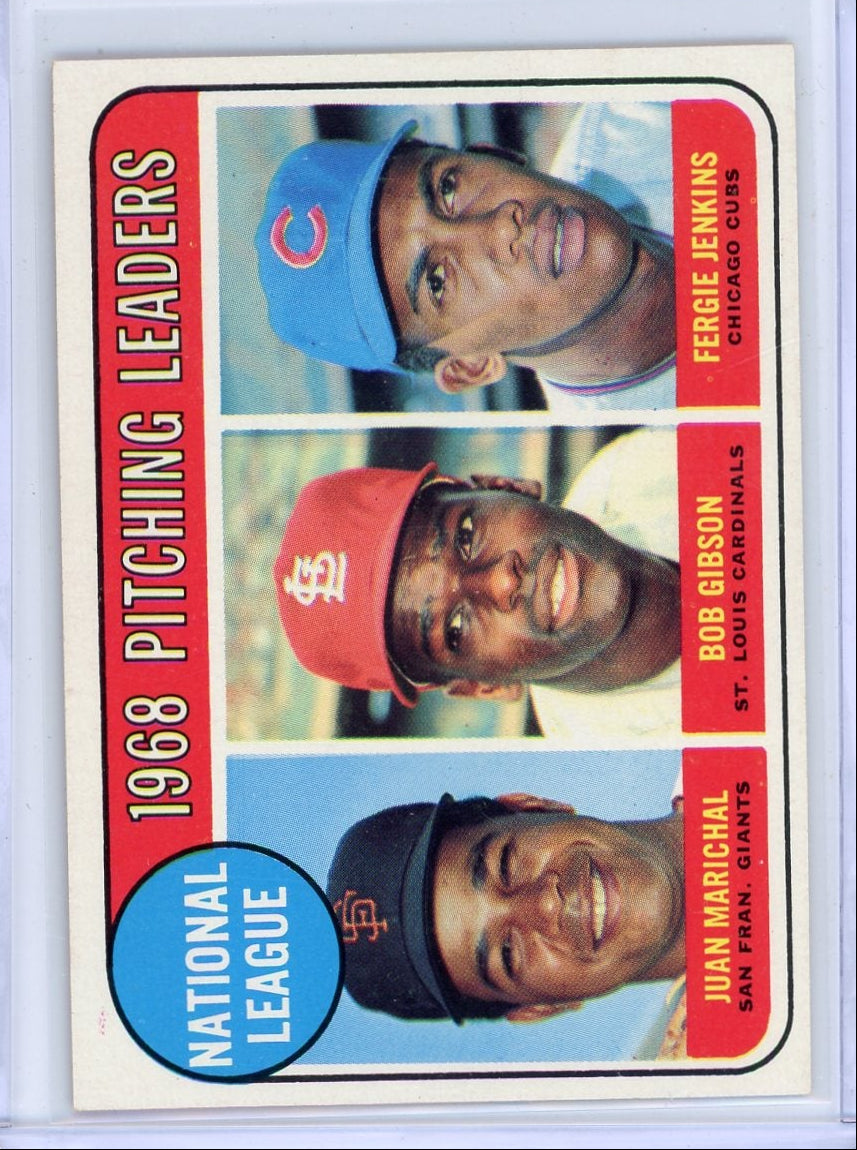 Juan Marichal Bob Gibson Fergie Jenkins 1969 Topps Baseball NL Pitching Leaders